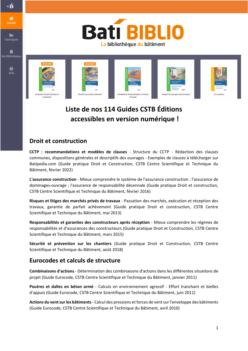 Catalogue des 114 Guides CSTB Éditions numériques